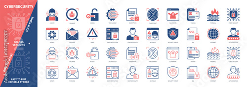 Cybersecurity icon set. Access, Hacker, Fingerprint, Firewall, Data Protection, Technology, Software, Confidentiality. Duotone color solid and editable outline icons