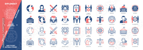 Diplomacy icon set. Embassy, Ambassador, Negotiations, Foreign Policy, Mediation, Forum, Neutrality, Leader. Duotone color solid and editable outline icons