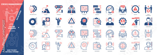 Crisis Management icon set. Identify, Implementation, Awareness, Recovery, Feedback, Strategy, Success, Assessment. Duotone color solid and editable outline icons