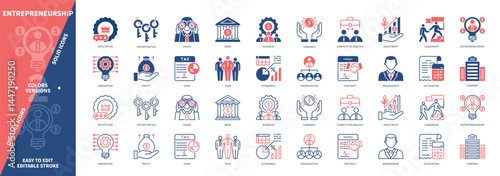 Entrepreneurship icon set. Leadership, Profit, Competitor Analysis, Reputation, Vision, Investment, Innovation, Business. Duotone color solid and editable outline icons