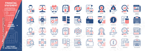 Financial Statement icon set. Accounting, Equity, Transparency, Audit, Tax Authorities, Annual Report, Customers, Documentation. Duotone color solid and editable outline icons
