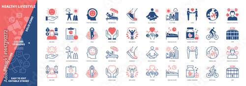 Healthy Lifestyle icon set. Wellness, Recreation, Positive Thinking, Fitness, Traveling, Yoga, Optimism, Herbal Medicine. Duotone color solid and editable outline icons