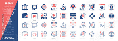 Finance Technology FINTECH icon set. Technology, Investment, Payments, Online Banking, Robo Advisor, Blockchain, Crowdfunding, Digital Money. Duotone color solid and editable outline icons