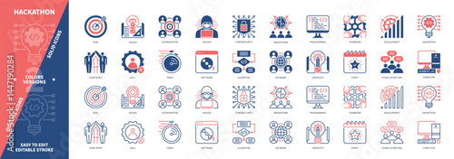 Hackathon icon set. Development, Goals, Brainstorm, Timing, Team Spirit, Software, Algorithm, Programming. Duotone color solid and editable outline icons