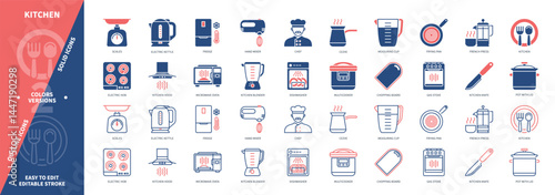 Kitchen icon set. Frying Pan, Knife, Chef, Electric Kettle, Scales, Measuring Cup, Fridge, Blender. Duotone color solid and editable outline icons