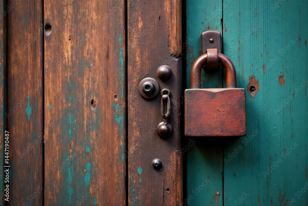 Old wooden door, rusty padlock, weathered wood , red, aged, forgotten Old wooden door, rusty padlock, weathered wood , red, aged, forgotten