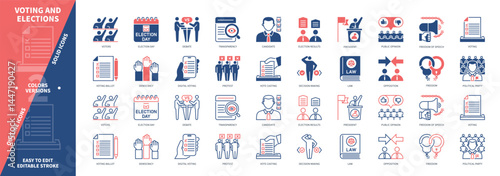 Voting icon set. Candidate, Debate, Law, Democracy, Election, Political Party, Public Opinion, Protest. Duotone color solid and editable outline icons