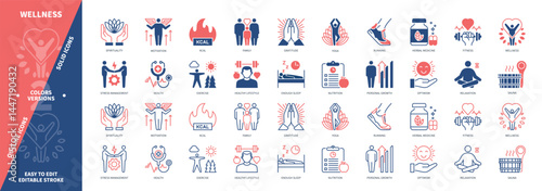 Wellness icon set. Family, Herbal Medicine, Nutrition, Running, Relaxation, Personal Growth, Yoga, Motivation. Duotone color solid and editable outline icons