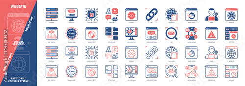 Website icon set. Server, Web Traffic, Structure, Caching, Content, Cyber Security, SEO, Coding. Duotone color solid and editable outline icons