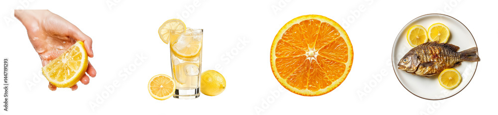 Row of citrus fruits, fish, and sparkling beverage still life. cut out transparent Row of citrus fruits, fish, and sparkling beverage still life. cut out transparent