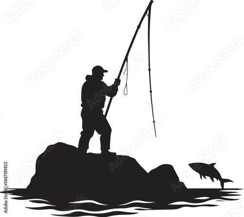 Silhouettes of Men and Dogs Fishing