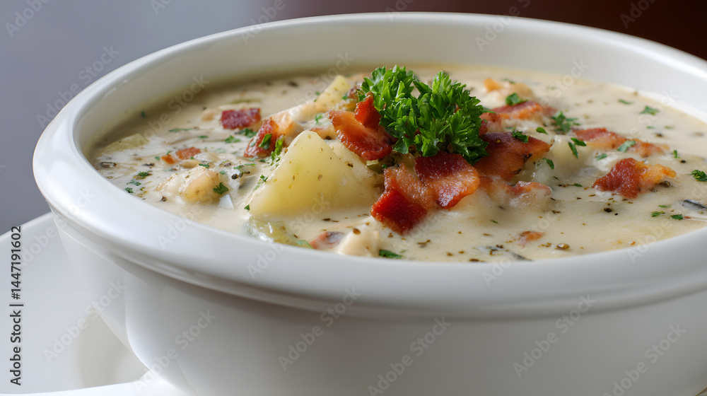 Traditional New England Clam Chowder with Bacon and Herbs in Creamy Broth Traditional New England Clam Chowder with Bacon and Herbs in Creamy Broth