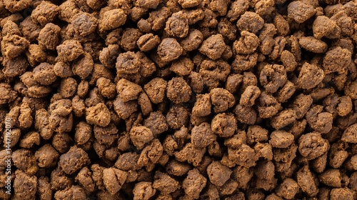 The detailed view of vegan dog kibble shows uniform, crunchy pieces, offering a nutritious plant-based meal formulated for dogs' health and well-being.