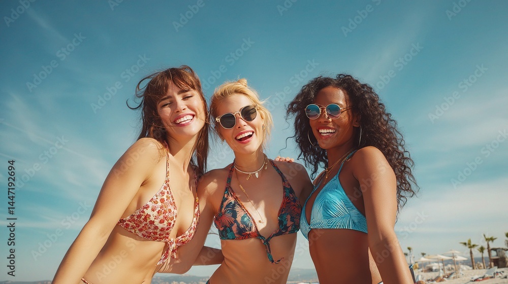 Group of Smiling Friends Enjoying Fun Day at the Beach in Swimsuits Group of Smiling Friends Enjoying Fun Day at the Beach in Swimsuits