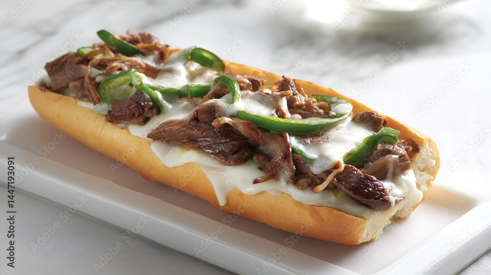 Grilled Thinly Sliced Rib Eye Steak Sandwich with Caramelized Onions and Green Peppers on a Sub Roll Grilled Thinly Sliced Rib Eye Steak Sandwich with Caramelized Onions and Green Peppers on a Sub Roll