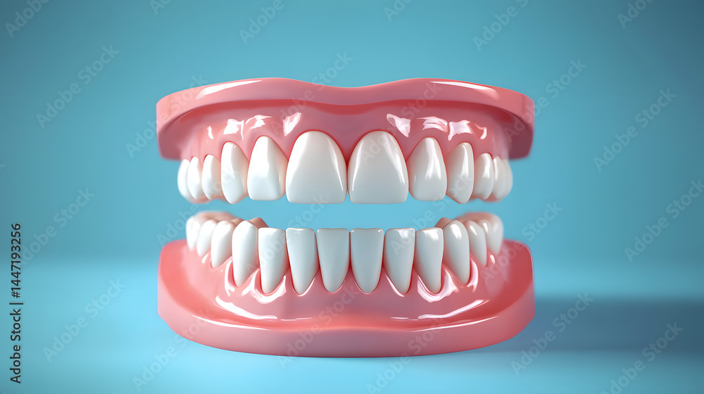 A dental care background featuring 3D white teeth with ample copy space in blue backdrop illustration A dental care background featuring 3D white teeth with ample copy space in blue backdrop illustration