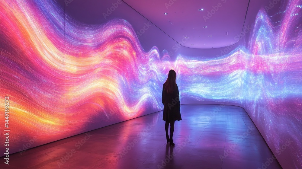 Immersive Light Installation: A Woman Contemplates Cosmic Abstract Art Immersive Light Installation: A Woman Contemplates Cosmic Abstract Art
