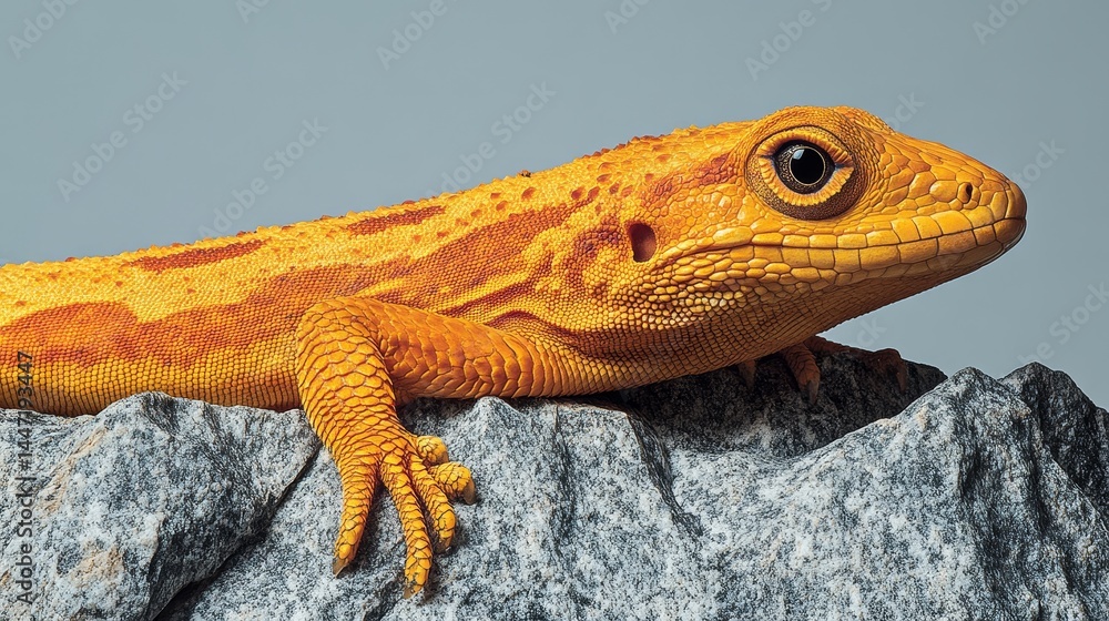 Obraz premium Golden gecko basking on a rocky surface showcasing vibrant color contrast reptile close-up detailed texture natural habitat curious eye reptile portrait serene gecko