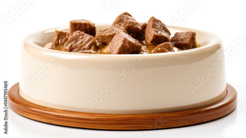 Pet food, likely wet dog food, in a round ceramic bowl with a wooden base.  Chunks of meat are visible in a light sauce