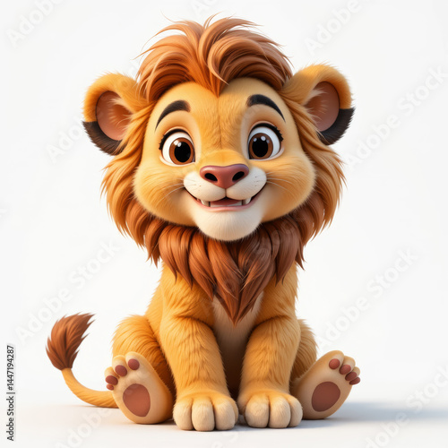 Isolated white three dimension cartoon of young lion sitting