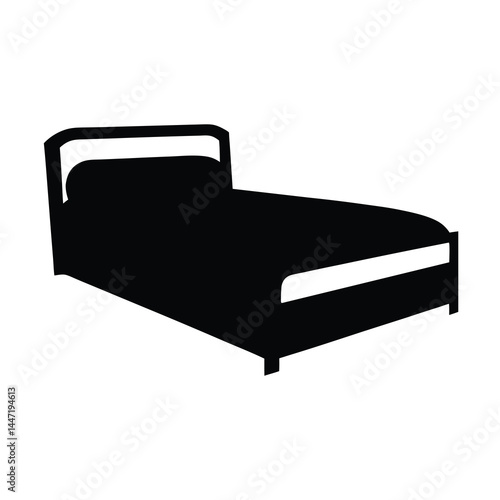 Solid Black Silhouette of Bed vector with Headboard and Footboard on White