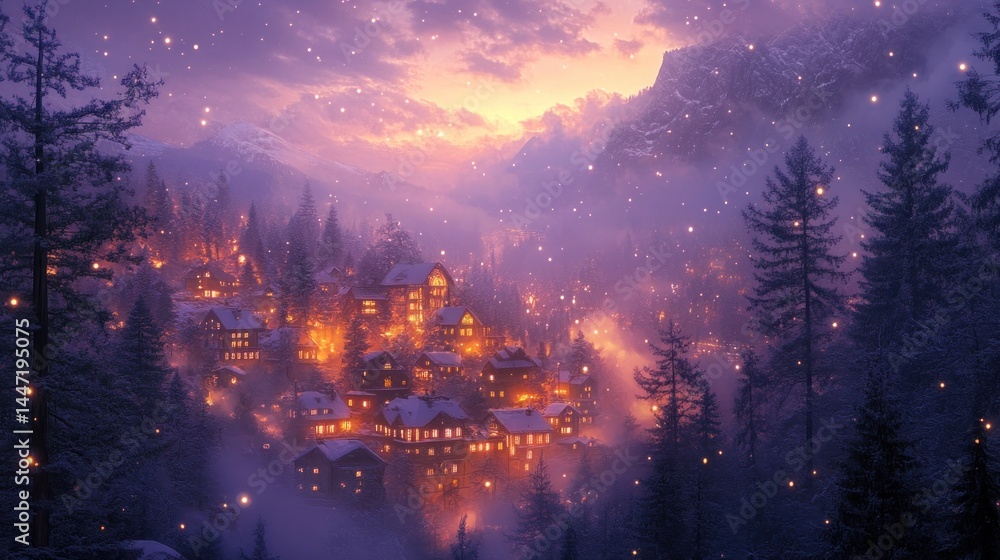 Obraz premium Enchanted Winter Village: A Dreamlike Snowfall over Cozy Cabins Nestled in Mountains