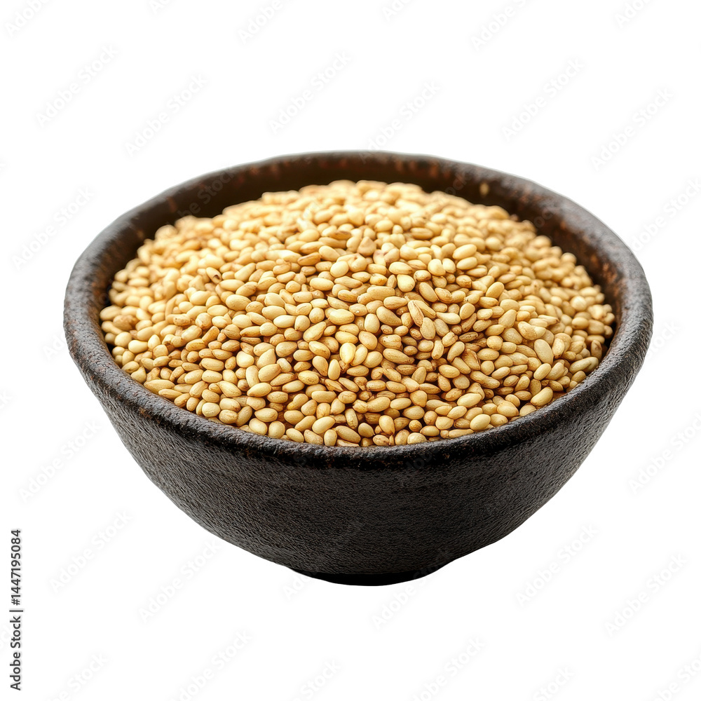 Raw sesame seeds in a rustic bowl on a Transparent background showcasing natural texture and color, sesame in a bowl isolated on PNG background Raw sesame seeds in a rustic bowl on a Transparent background showcasing natural texture and color, sesame in a bowl isolated on PNG background