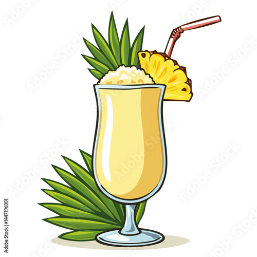 Pina colada cocktail in a glass with a piece of pineapple vector illustration. Color image of a refreshing summer drink on an isolated background. Drawing for a bar and menu.