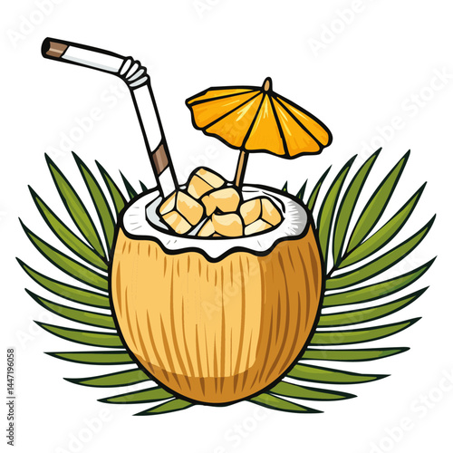 Pina colada cocktail in coconut vector color illustration in sketch style. Summer tropical drink for bar and menu.