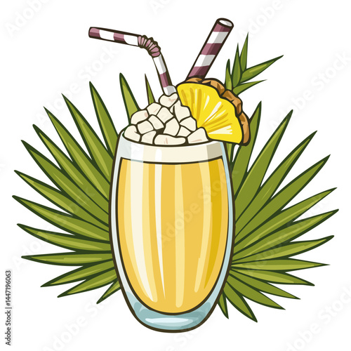 Pina colada cocktail in a glass with a piece of pineapple vector illustration. Color image of a refreshing summer drink on an isolated background. Drawing for a bar and menu.	