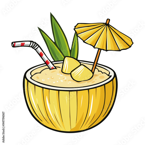 Pina colada cocktail in coconut vector color illustration in sketch style. Summer tropical drink for bar and menu.