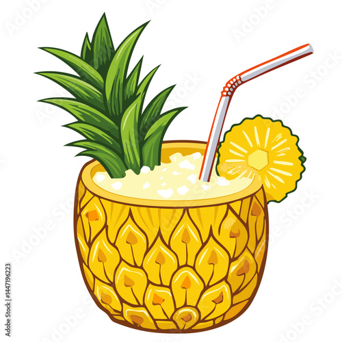 Pina colada cocktail or freshly squeezed juice in half of pineapple vector illustration. Color image of refreshing exotic summer drink on isolated background. Drawing for bar and menu.