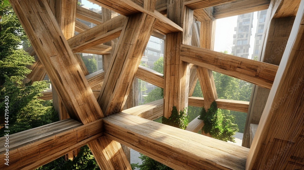 Intricate wooden structure with green foliage visible through gaps, showcasing sunlight and city buildings in the background. Intricate wooden structure with green foliage visible through gaps, showcasing sunlight and city buildings in the background.