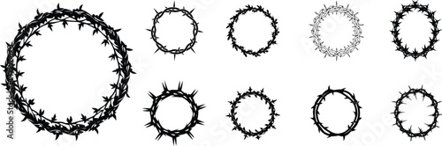 Crown of thorns vector set, Wreath of thorns silhouette.