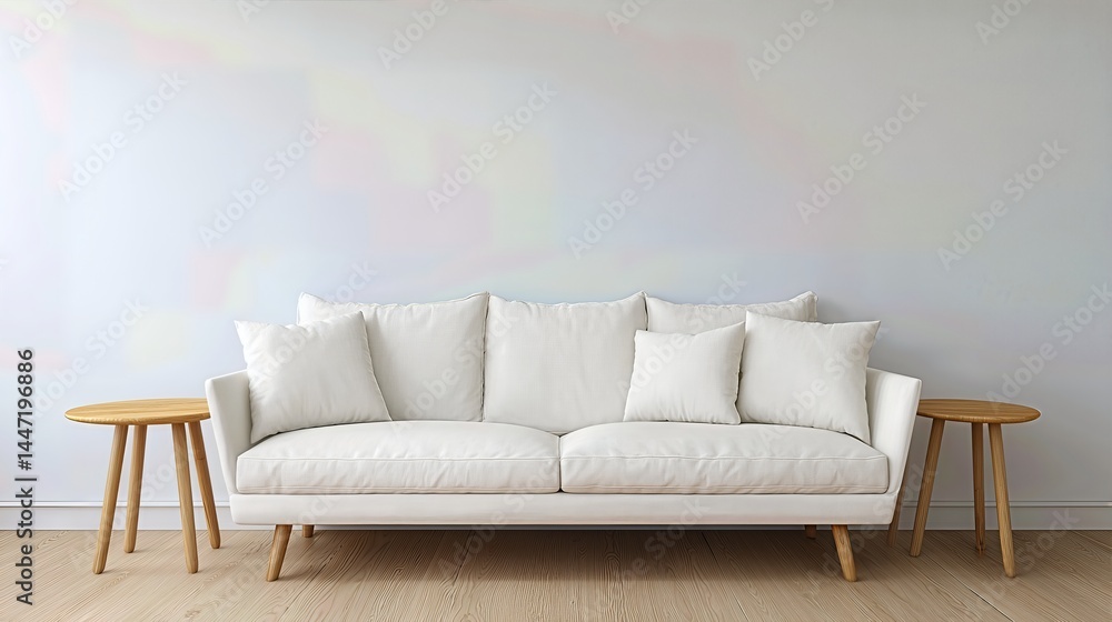 The Scandinavian-inspired living room combines functionality and elegance, with a cozy white sofa and sleek side tables set against a plain background for stylish home decor presentations. The Scandinavian-inspired living room combines functionality and elegance, with a cozy white sofa and sleek side tables set against a plain background for stylish home decor presentations.