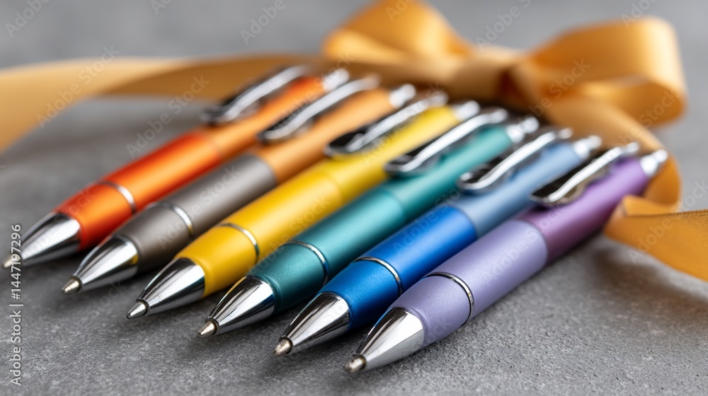 Rainbow of pens wrapped with golden ribbon Rainbow of pens wrapped with golden ribbon
