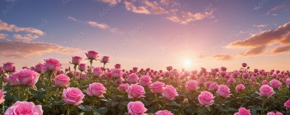 Obraz premium Sun-drenched field of pink roses, bright sky above , blossom, landscape, spring