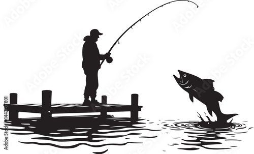 Fishing Silhouette, Man Fishing, Fish Jumping, Dock Fishing, Fishing Clipart, Angler Silhouette, Catching Fish, Fisherman Art, Fishing Vector, Black and White Fishing, Fishing SVG, Fishing PNG, Fishin