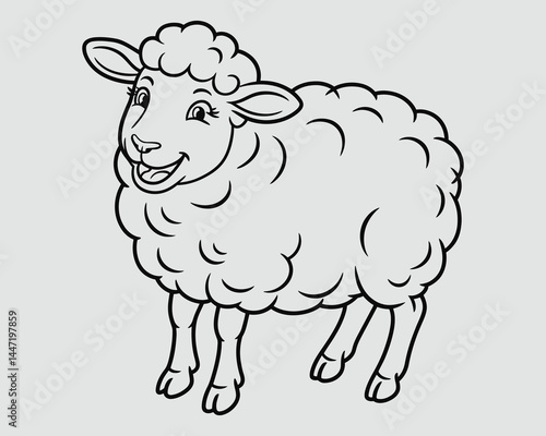Happy Sheep Line Drawing for Kids – Playful Black and White Coloring Page Vector