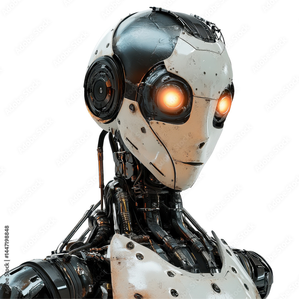Futuristic robot stands with glowing eyes and intricate metal body against a clean Transparent background, robot with glowing eyes and a metal body, PNG background Futuristic robot stands with glowing eyes and intricate metal body against a clean Transparent background, robot with glowing eyes and a metal body, PNG background