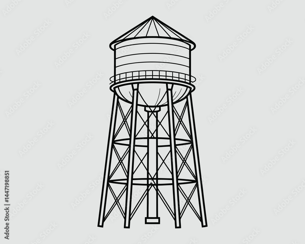 Fototapeta premium Water Tower Line Drawing for Kids – Bold Black and White Coloring Page Vector