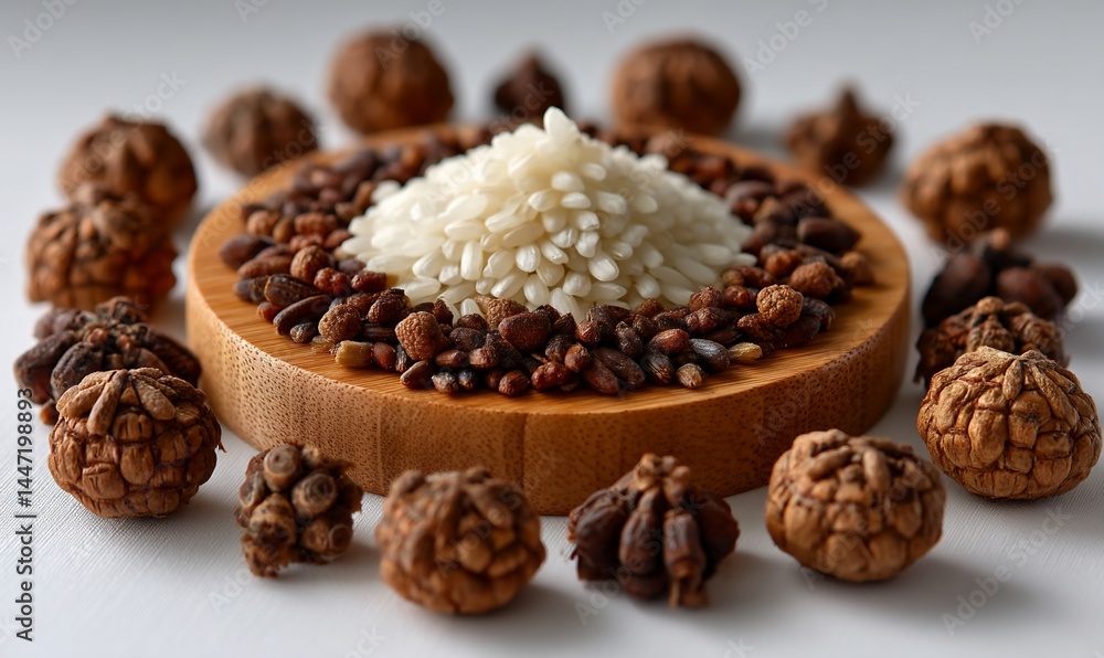 Rice and seeds on round wooden platter surrounded by nuts Rice and seeds on round wooden platter surrounded by nuts