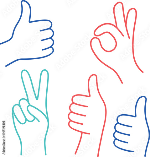 Vector line simple illustrations, hands and gesture in outline style, sticker gesture, print and poster design, like geatures