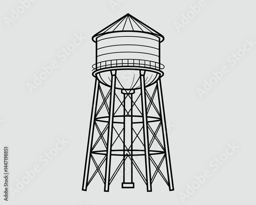 Water Tower Line Drawing for Kids – Bold Black and White Coloring Page Vector