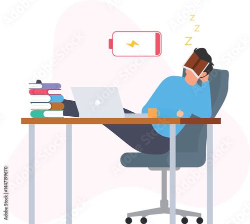 Tired employee or workplace fatigue, employee burnout or mental exhaustion, work stress or job pressure, long working hours or overtime fatigue, physical exhaustion or lack of energy, low productivity