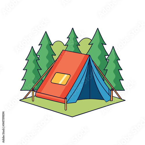 Camping tent in forest vector illustration, outdoor travel adventure in woods, nature landscape with pine trees and campsite