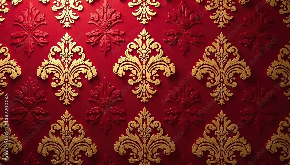 Intricate floral damask pattern in rich burgundy and gold , flower, surface Intricate floral damask pattern in rich burgundy and gold , flower, surface