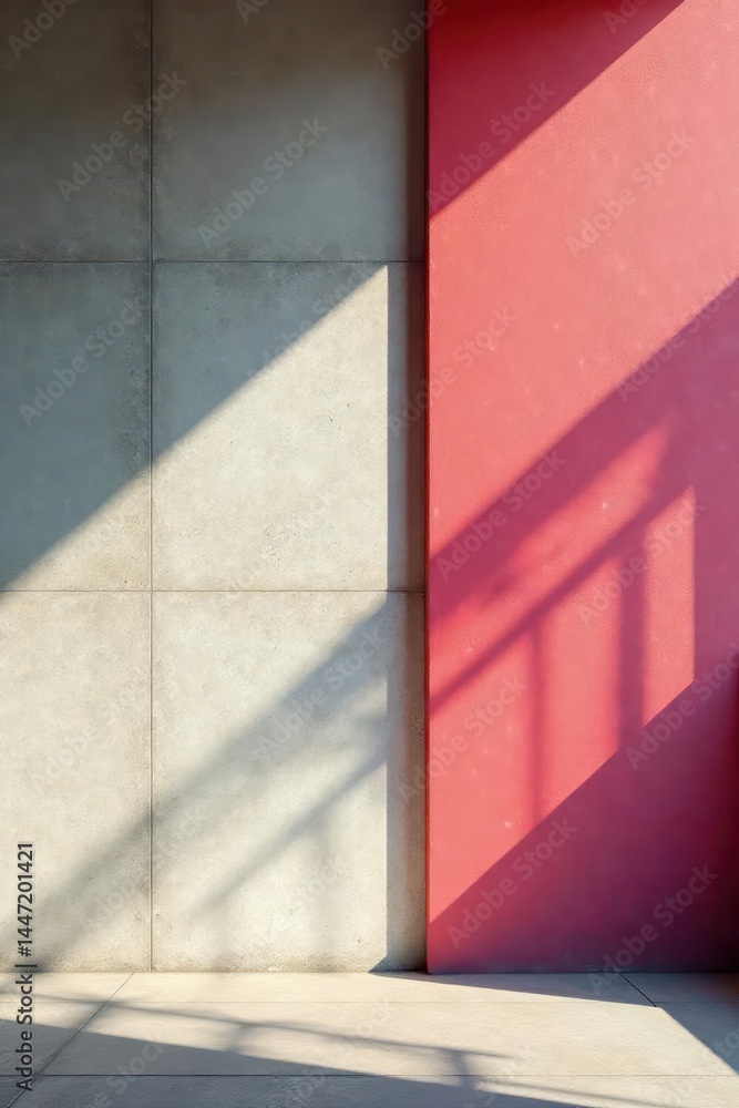 Fototapeta premium Geometric concrete wall, sunlight casting shadows on textured surface, blocks, exterior