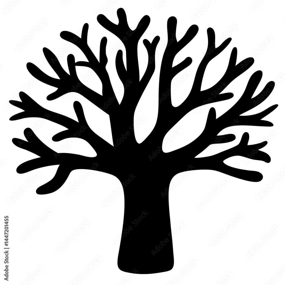 Silhouette of a leafless tree with vector stark black branches against white background Silhouette of a leafless tree with vector stark black branches against white background