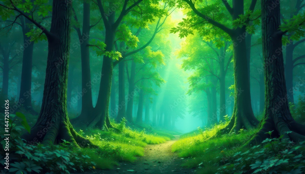 Naklejka premium Impressionist forest, textured greens & blues, dense canopy, branches, oil painting, green